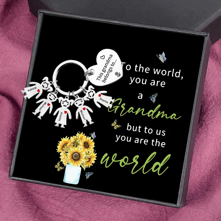 5 Names-Personalized Grandma Kids Charm Keychain Gift Set-Custom Special Keychain Gift For Grandma for Nan-You Are The World To Us