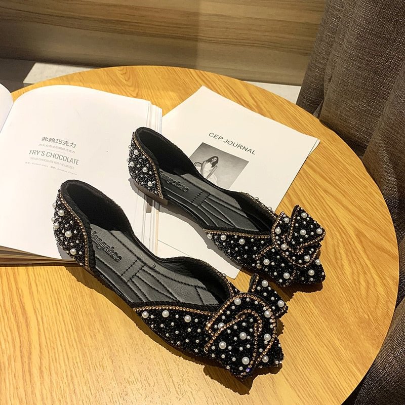 Summer Rhinestone Female Flat Shoes Female Korean Version Bow Tie Shallow Mouth Toe Tip Women's Single Shoes