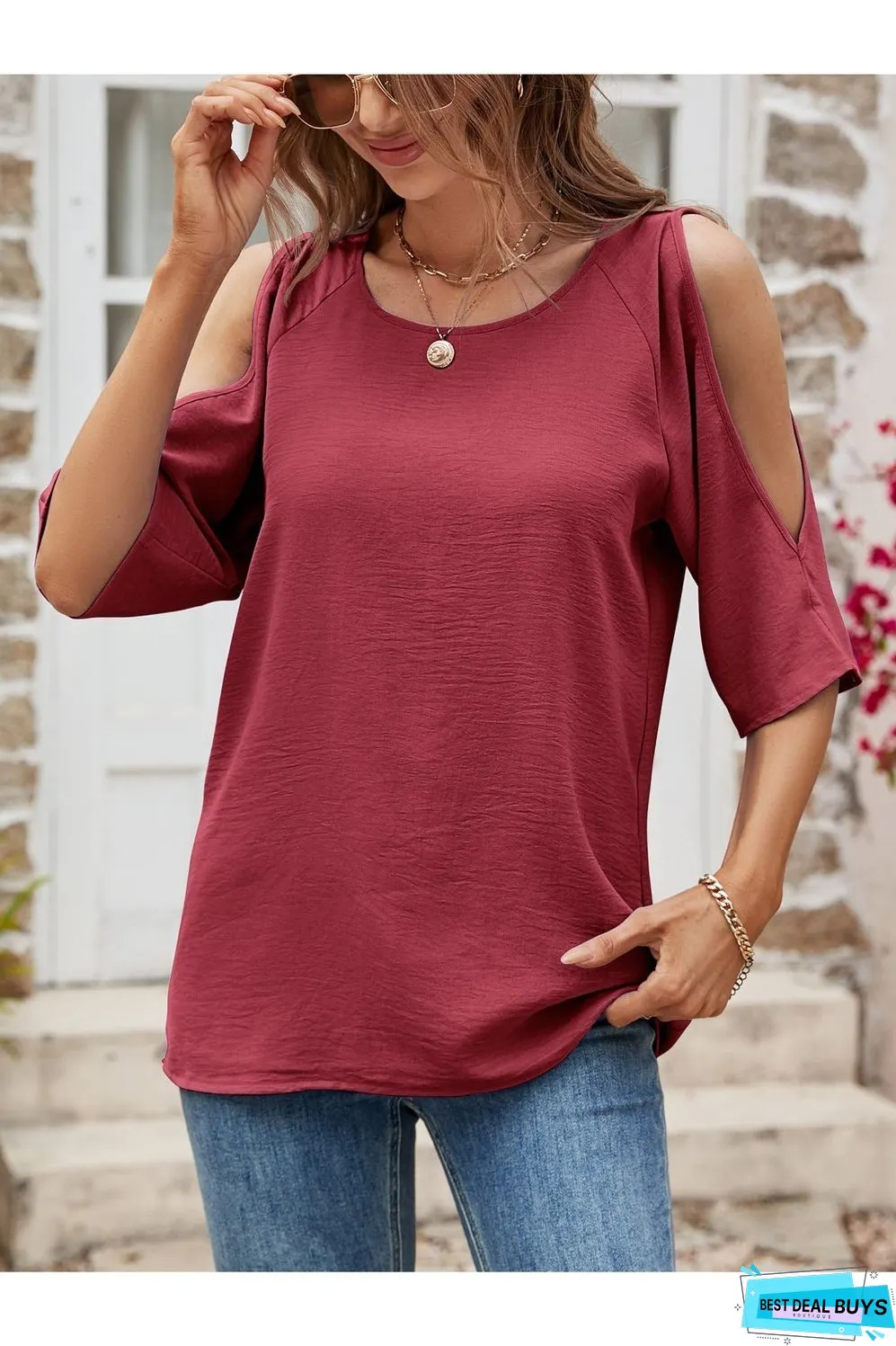 Textured Round Neck Split Sleeve Top