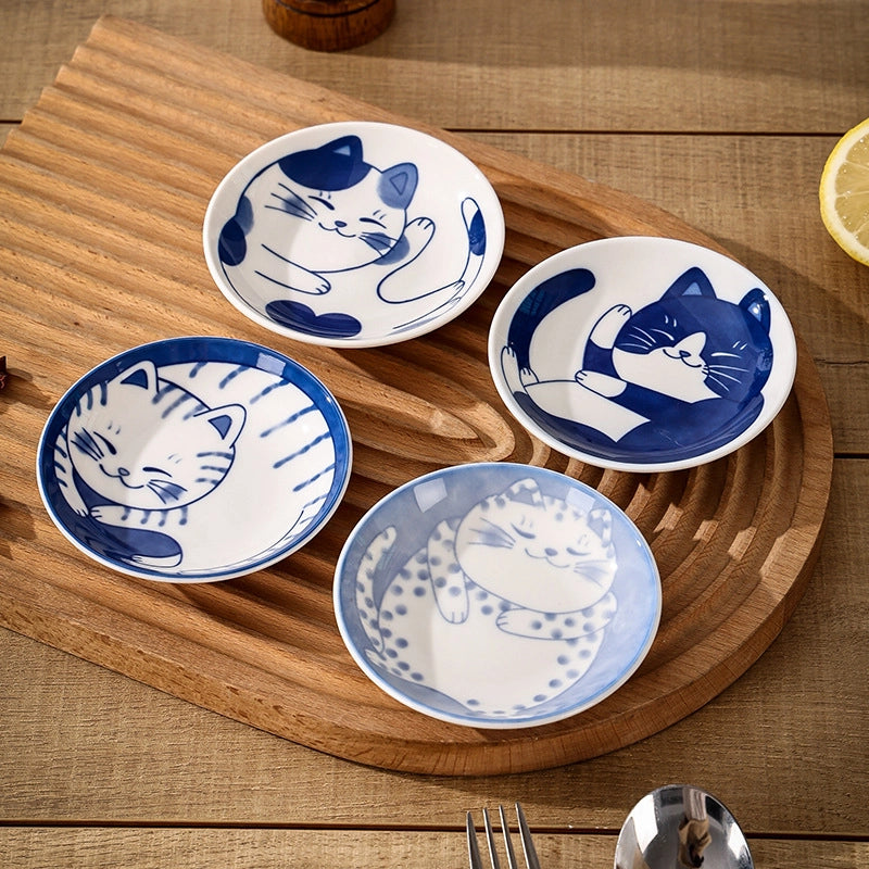 Japanese Style Cat Dish Cartoon Ceramic Dish Household Dining Table Dip Dish Soy Sauce Dish Hotpot Seasoning Dish Small Dish Seasoning Dish
