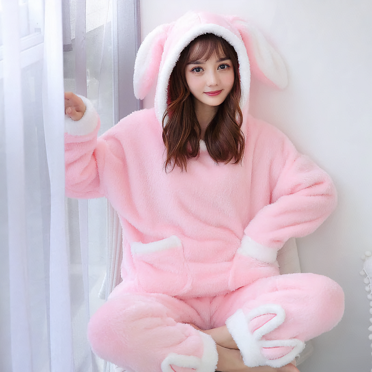 Cute Bunny Ear Bear Hooded Fuzzy Pajamas Set - Gotamochi Kawaii Shop, Kawaii Clothes