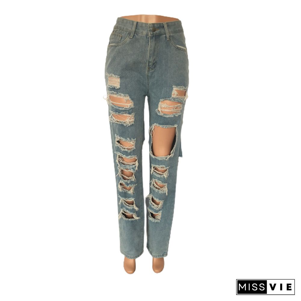 High Waist Streetwear Ripped Hole Jeans Pants