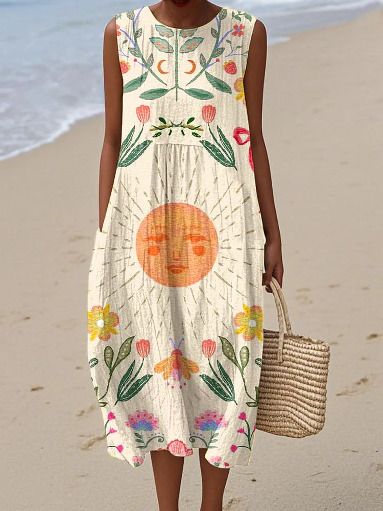 Women's Beautiful Colorful Flowers Sun Painting Art Print Sleeveless Cotton Pocket Wrap Dress