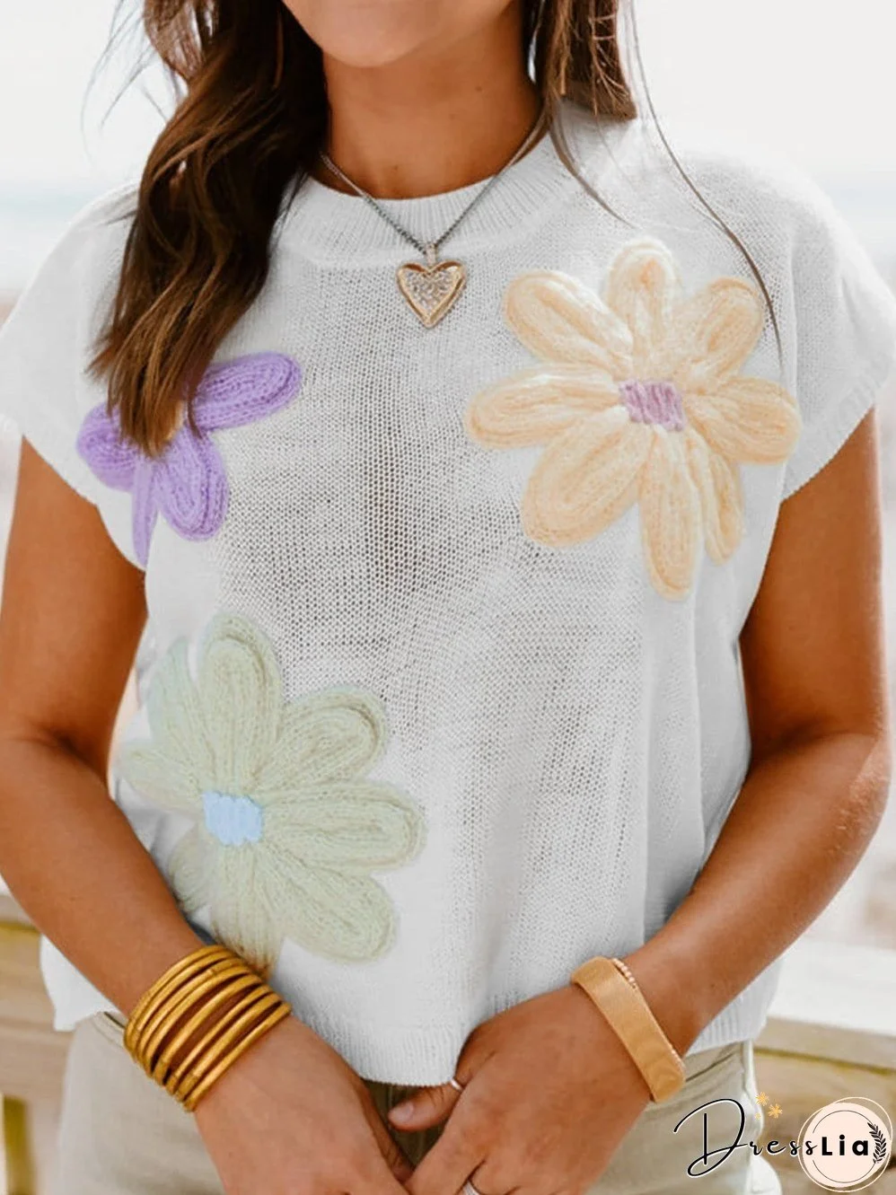 White Floral Crochet Knit Short Sleeve Sweater - Chic and Versatile