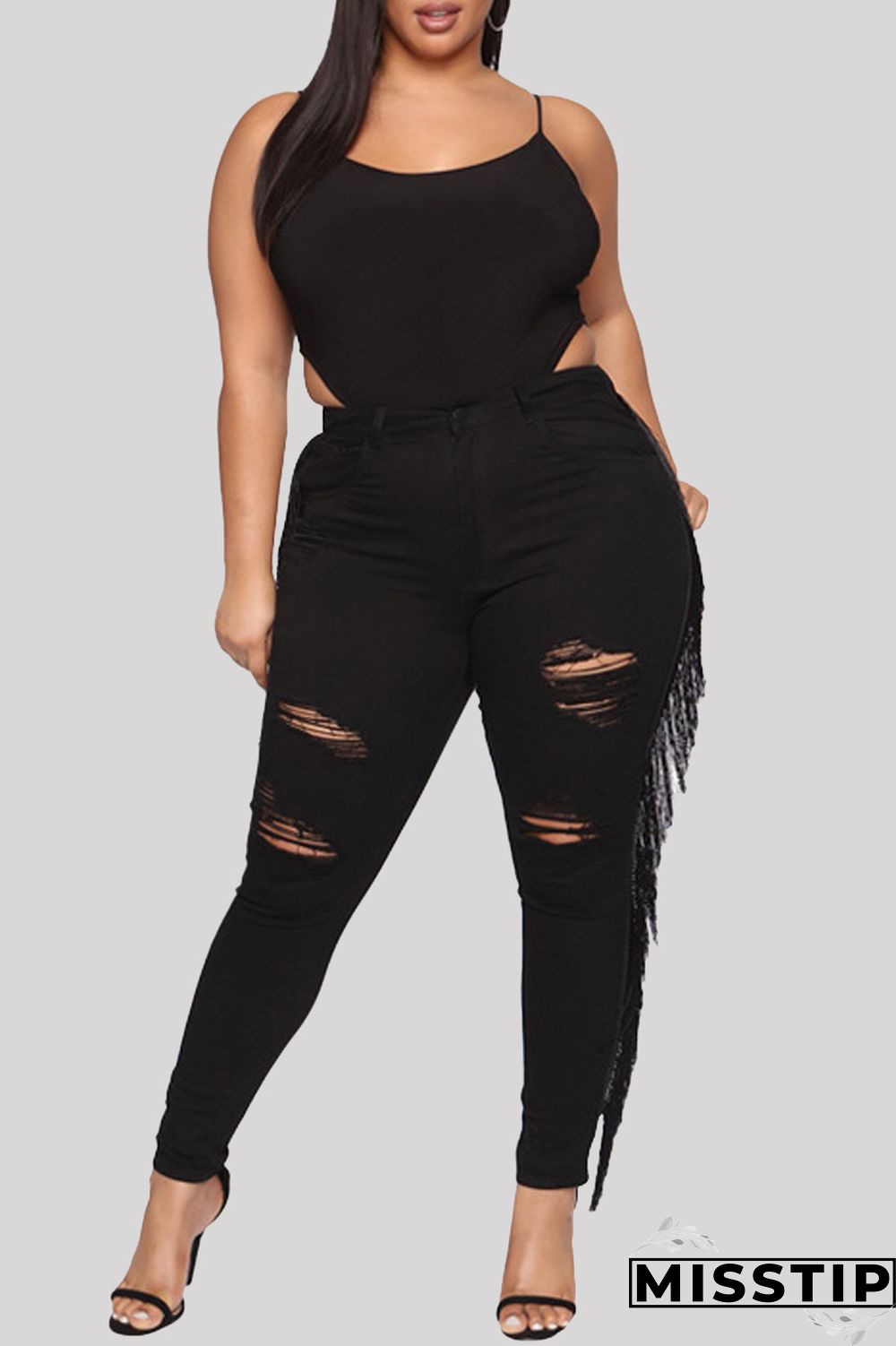Black Fashion Casual Solid Tassel Ripped Plus Size Jeans