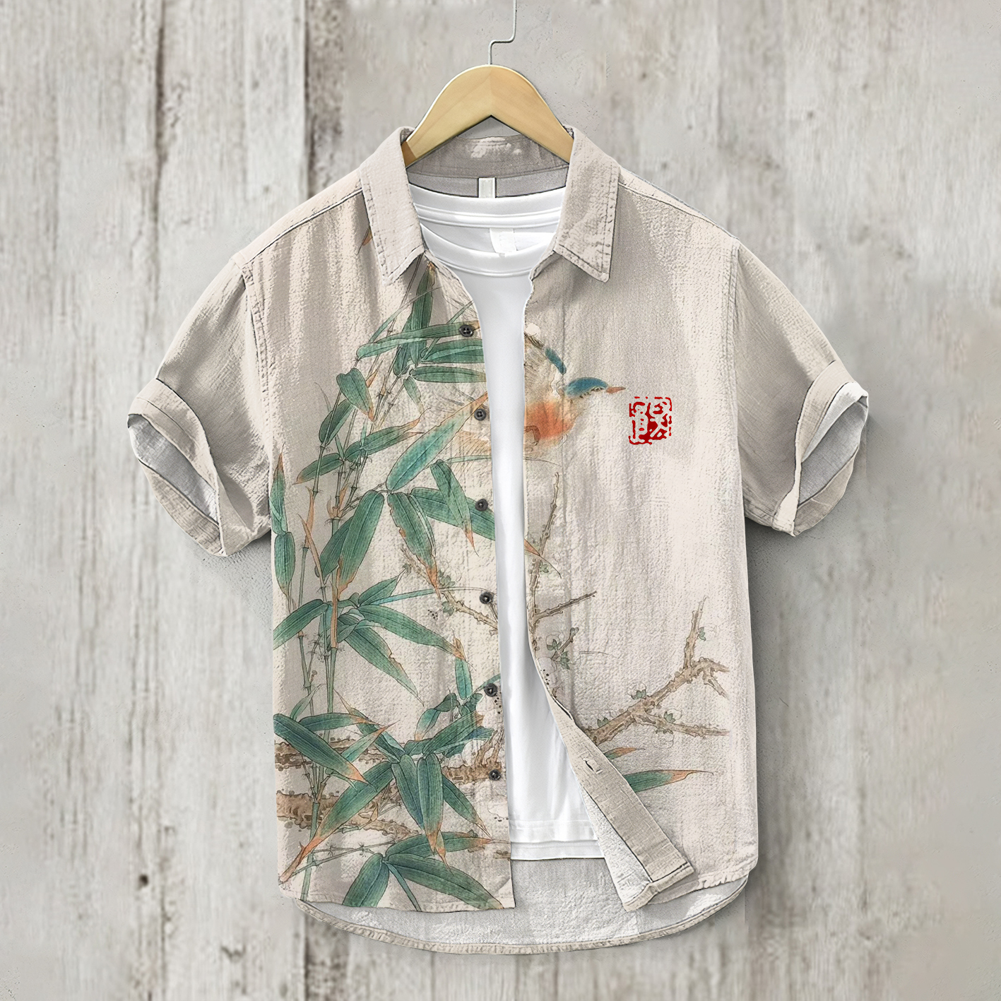 menweary Japanese Bamboo Forest Art Linen Blend Shirt