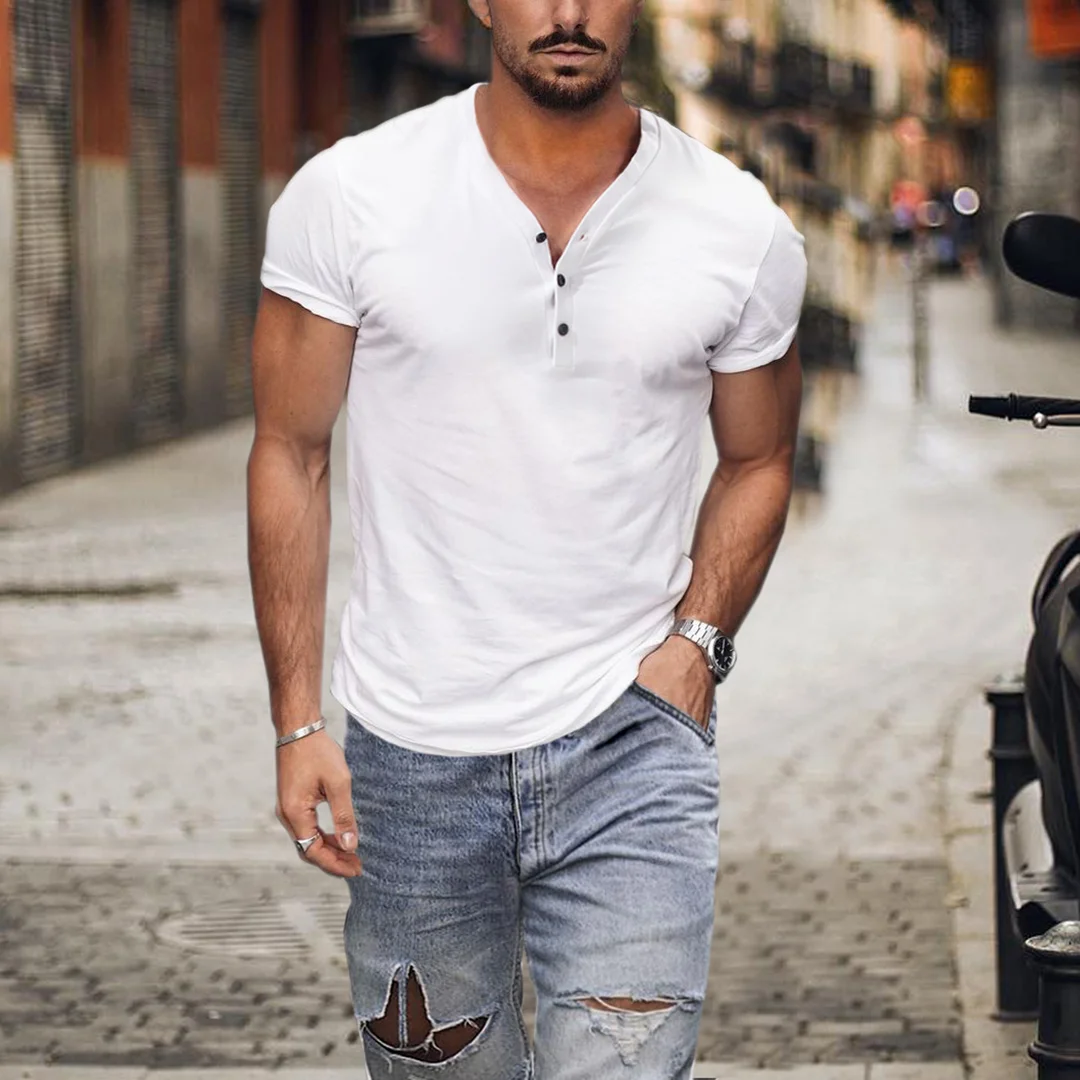 Solid Color Casual Breathable Henley T-Shirt-inspireuse