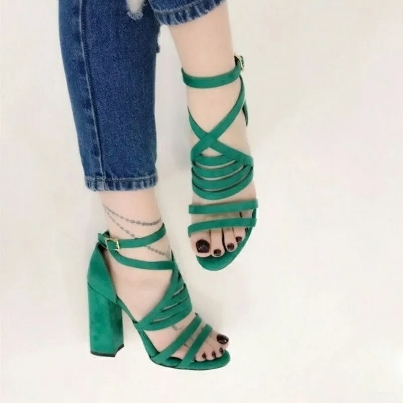 Women's Summer Cross Suede Strap Open Toe Buckle Solid Color High Heel Sandals