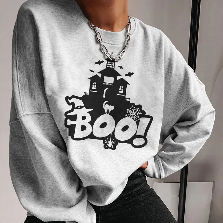 Vefave Long Sleeve Boo Cat Print Sweatshirt