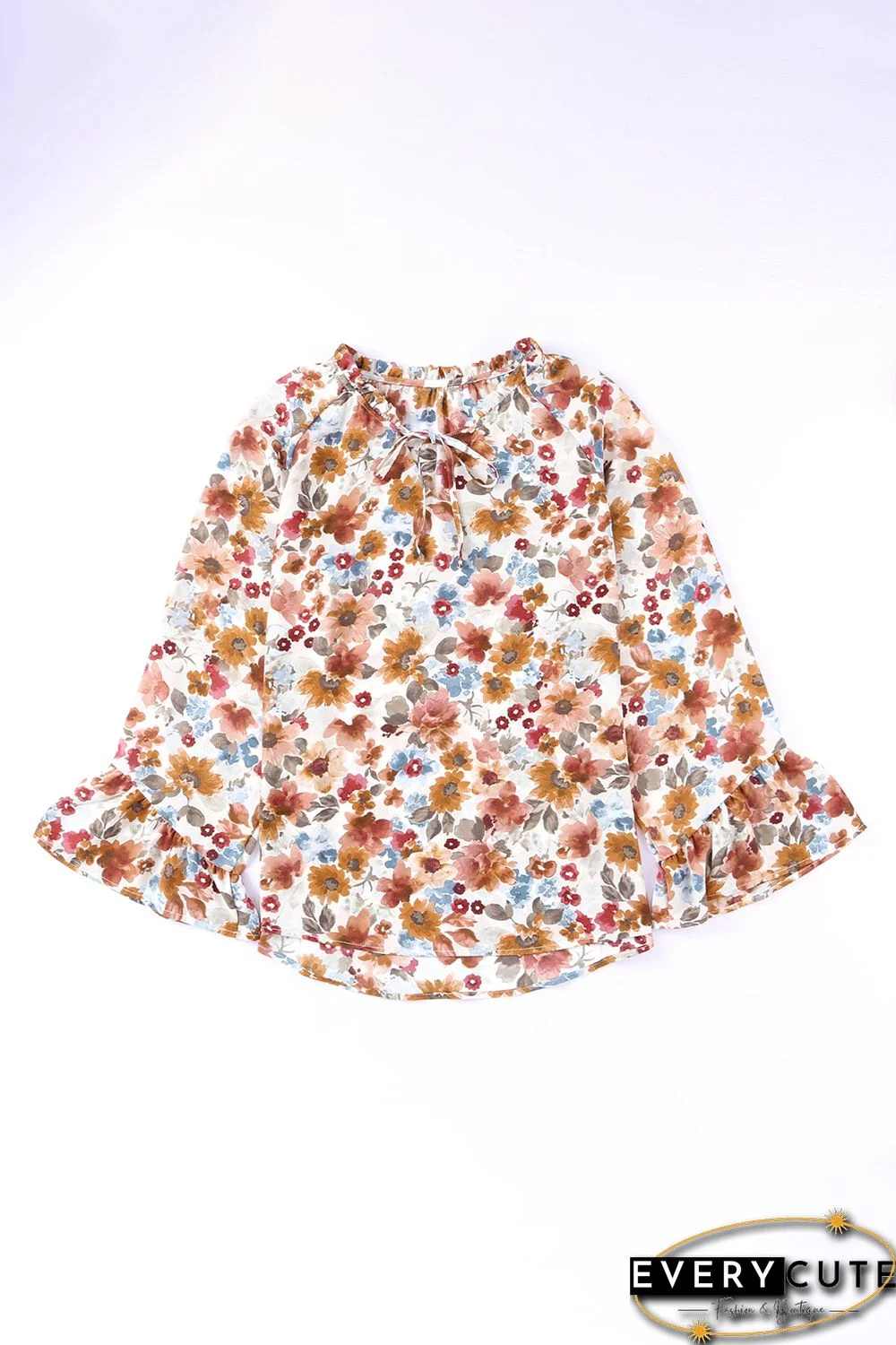 Orange Floral Print Flare Cuff Long Sleeve Blouse