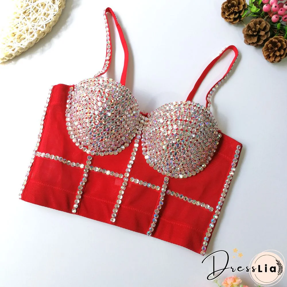 Multi Color Diamantes Women Sexy Push Up Crop Top Shiny Corset Bustier Camisole Nightclub Dance Camgirl Vest Black Nude