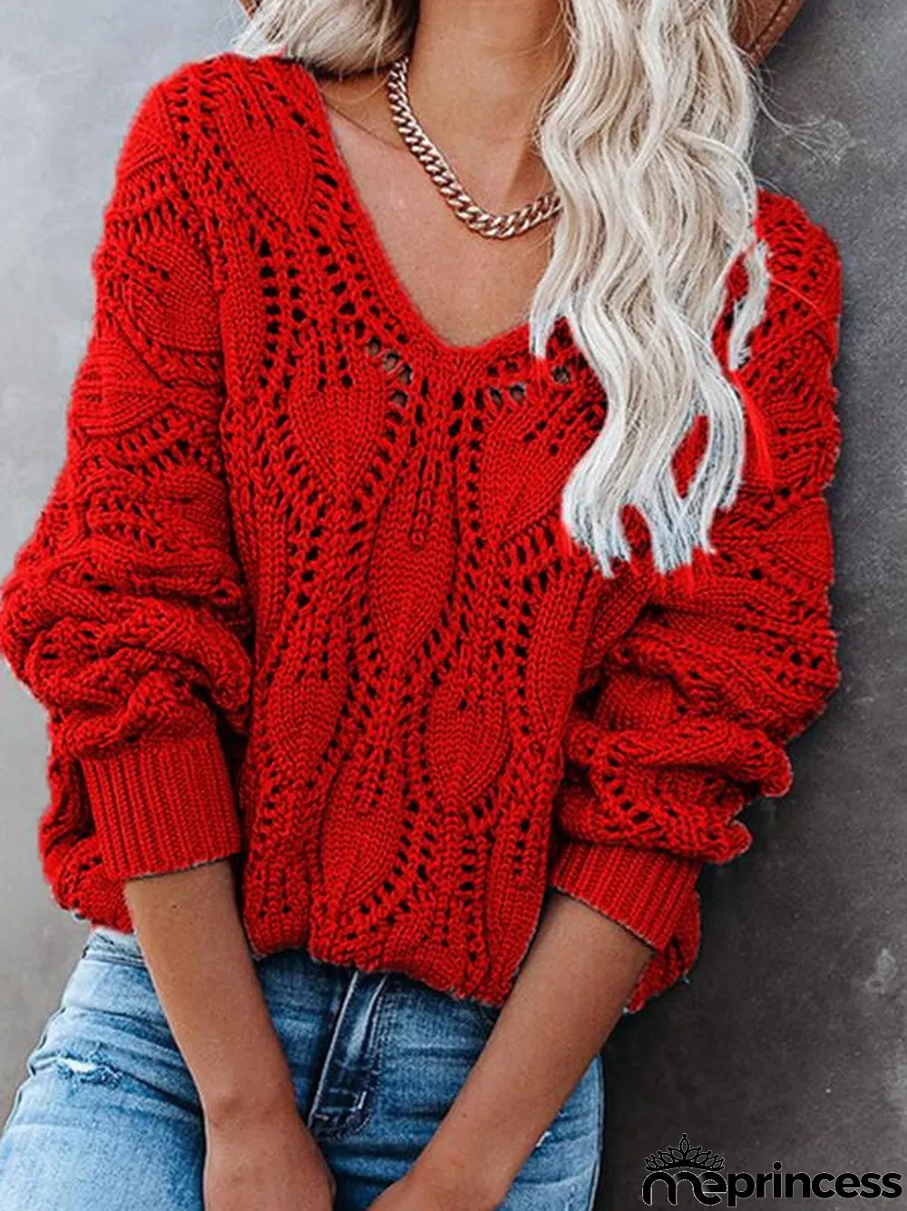 Women's Casual Solid Color V-neck Knit Long-Sleeve Pullover Sweater Top