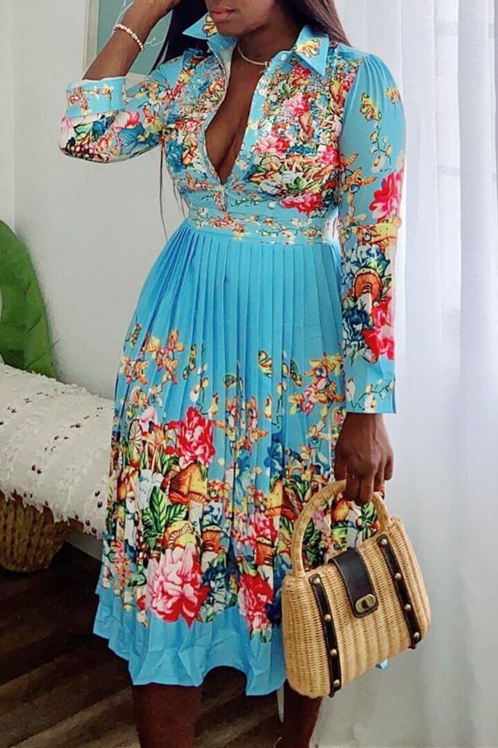 Xpluswear Plus Size Shirt Flower Print Long Sleeve Pleated Midi Dress