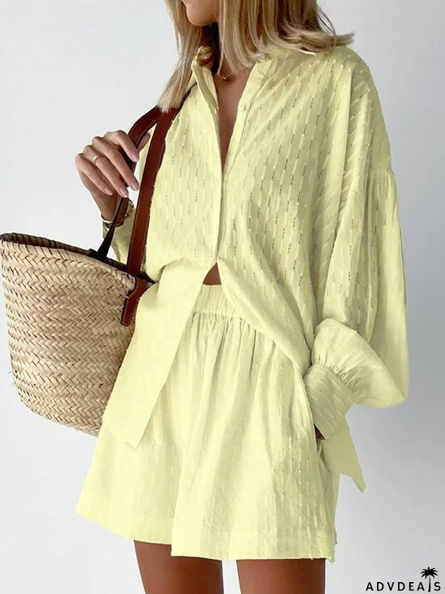 Sets Jacquard Long Sleeve Shirt & Shorts Two Piece Set for Women