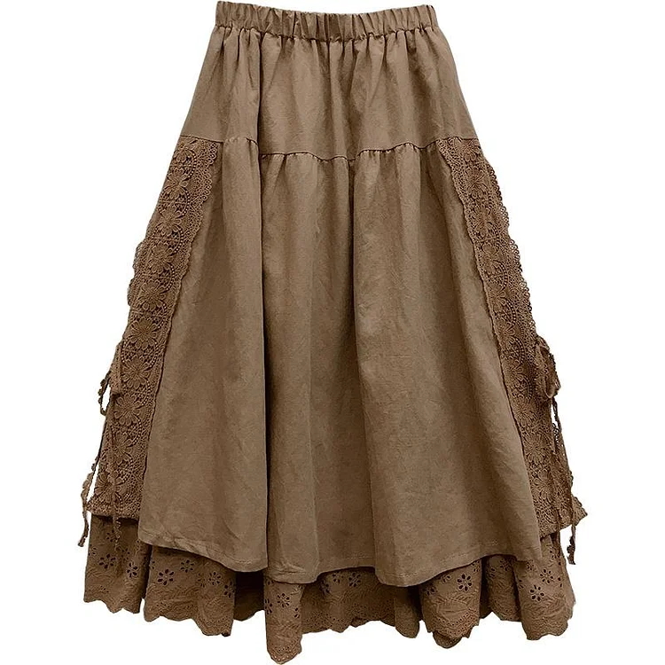 Queenfunky cottagecore style Linen Lace Patchwork Skirt With Lace Hem QueenFunky