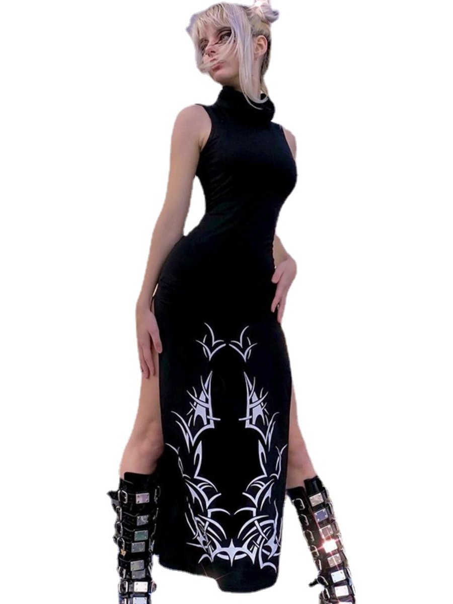 Gothic Dresses For Women High Neck Print Side Split A-line Dress