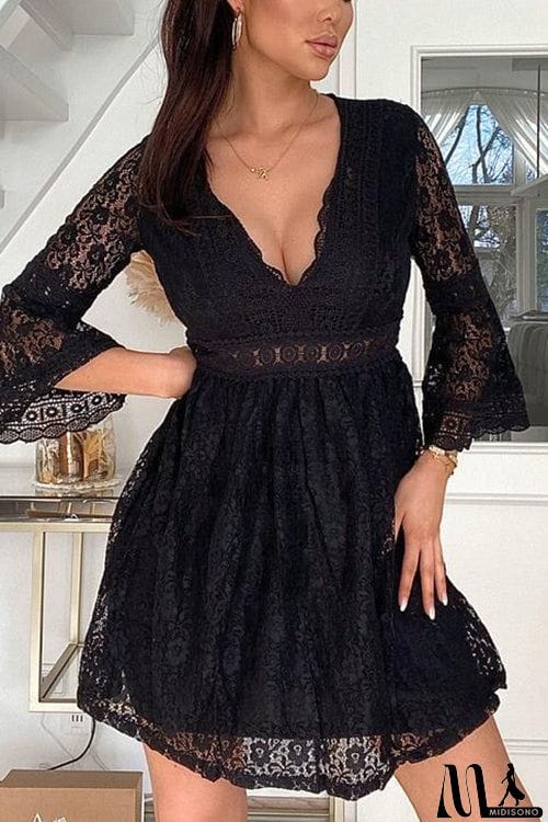 MidiSono - See Though Flares Sleeve V Neck Mini Dress