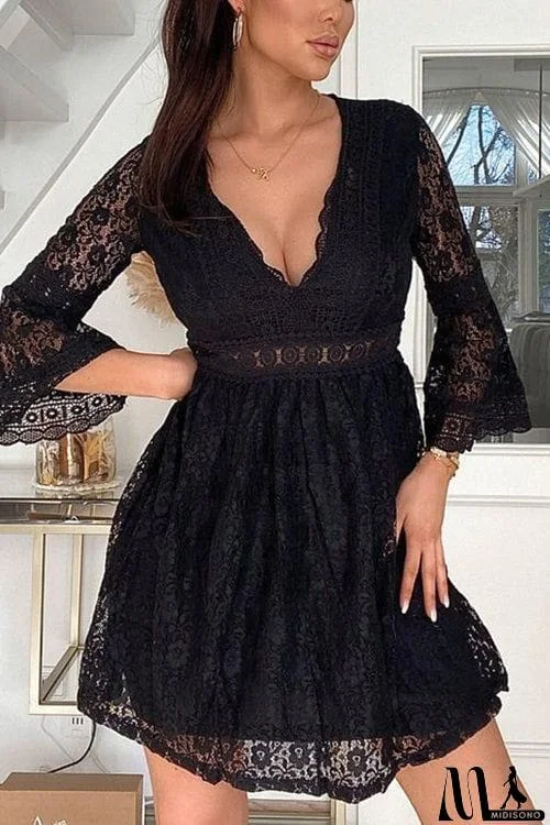 MidiSono - See Though Flares Sleeve V Neck Mini Dress