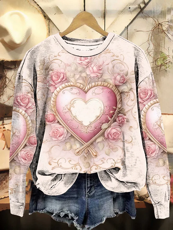 Vintage Valentine's Day Love Floral Print Round Neck Sweatshirt