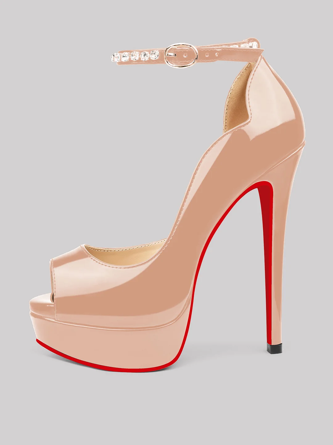 150mm Women's Red Bottom Super High Peep Toe Platform Ankle Strap with Diamond Pumps