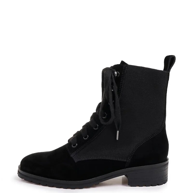 TAAFO Black Woman Ankle Boots Med Chunky Heels Round Toe Zip Ladies Flock Booties Shoes