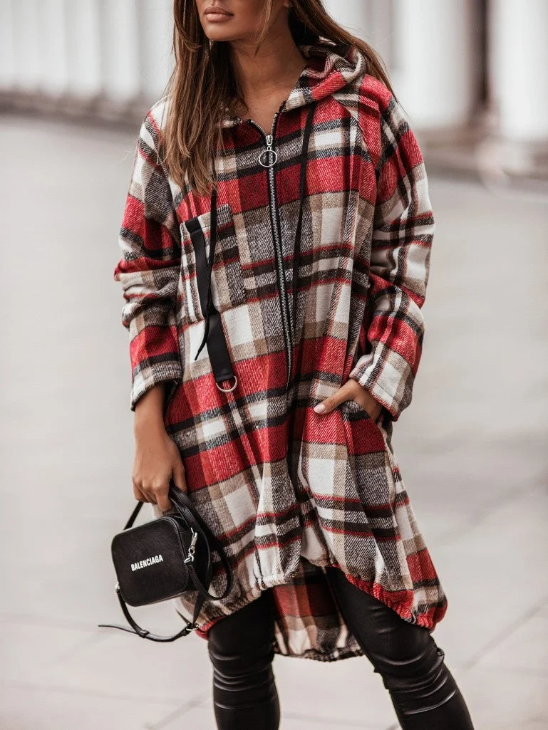 Plaid Zipper Casual Mid-length Hooded Shirt Woman Jacket