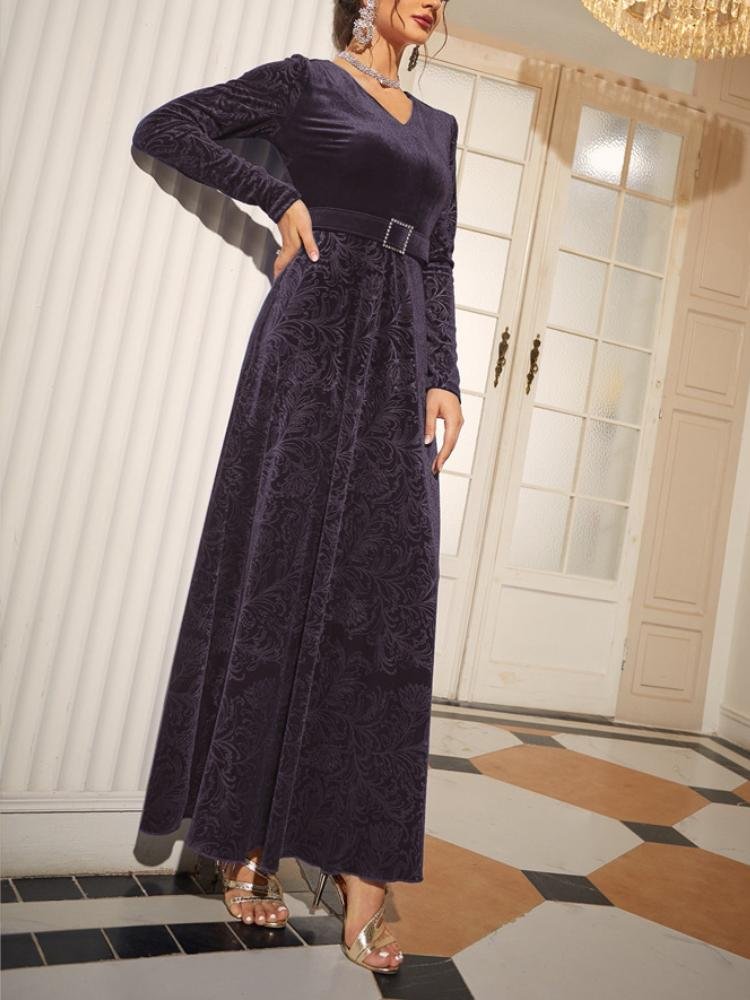 Neosepa-Graceful V Neck Long Sleeve Banded Waist Plain Velvet Maxi Dress