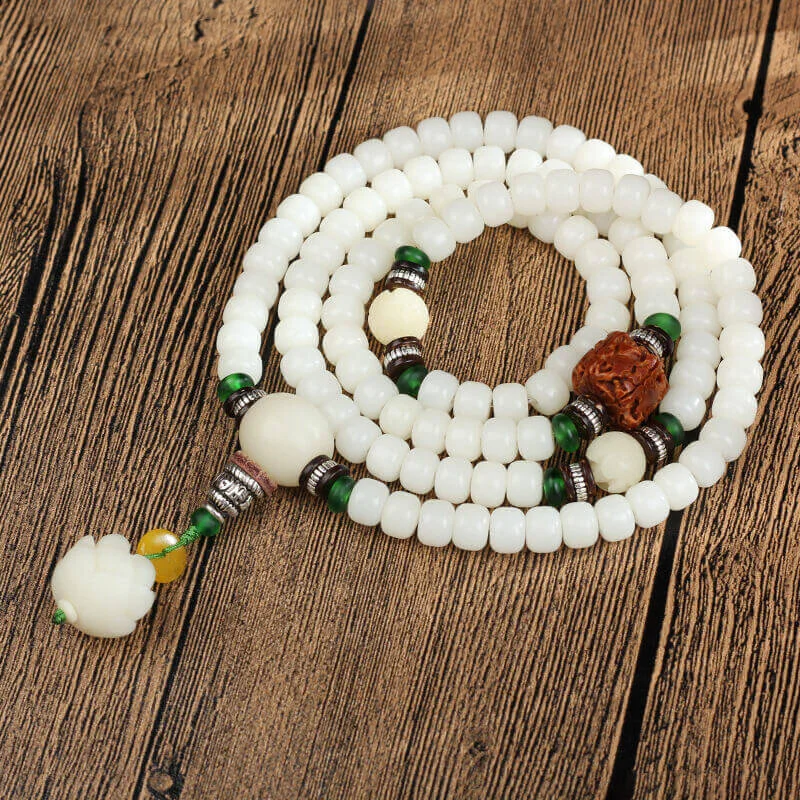 Tibetan White Bodhi Seed Mala 108 Beads Wealth Bracelet Necklace