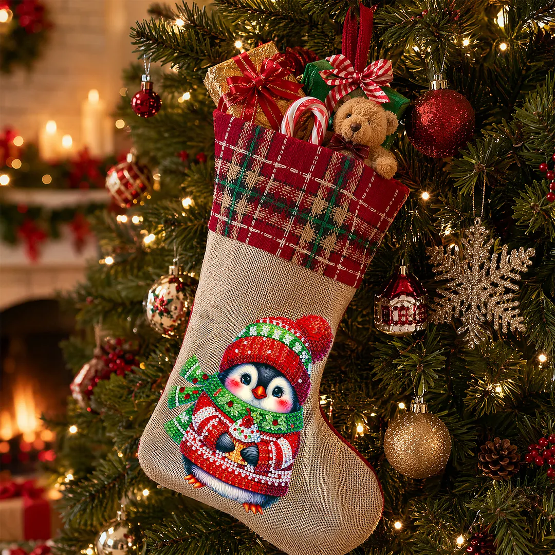 DIY Diamond Painting Christmas Stockings Hanging Ornaments Large Capacity Xmas Socks Pendant Wear Resist Candy Gift Storage Bags for Family Christmas Holiday Party Decoration (Christmas penguin)