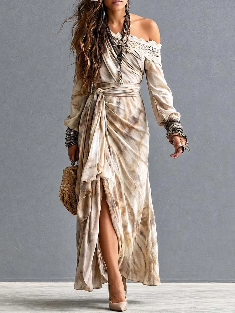 Boho Off-Shoulder Lace Trim Tie-Waist Wrap Maxi Dress