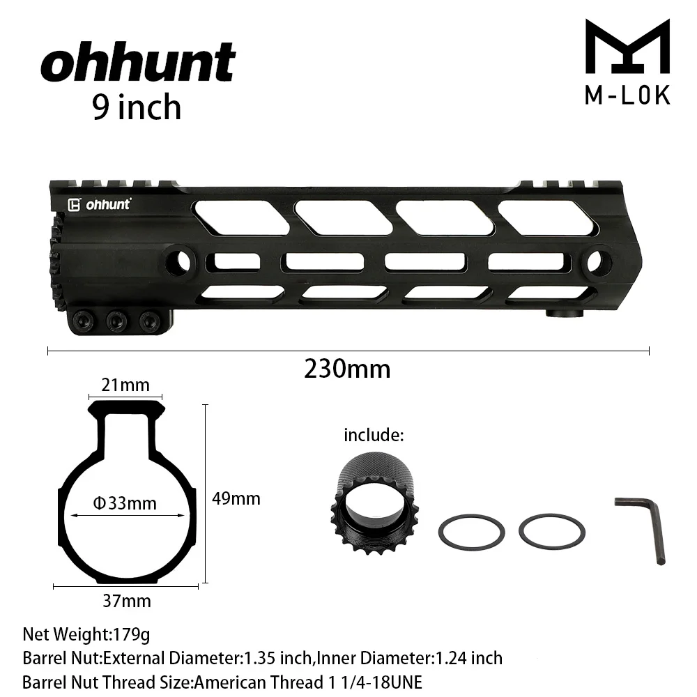 ohhunt Super Slim Lightweight Free Float M-LOK Handguard with Steel Barrel Nut