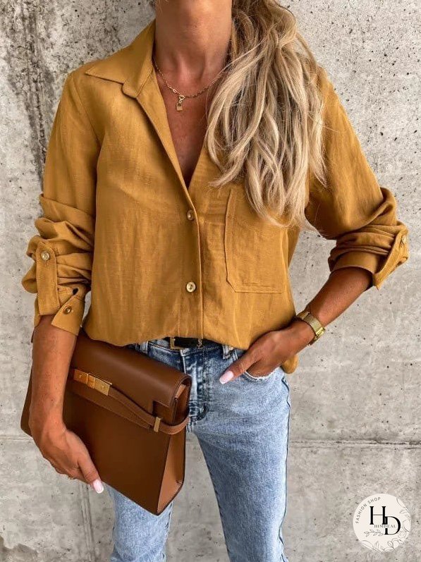 Simple Solid Lapel Button Long Sleeve Blouses