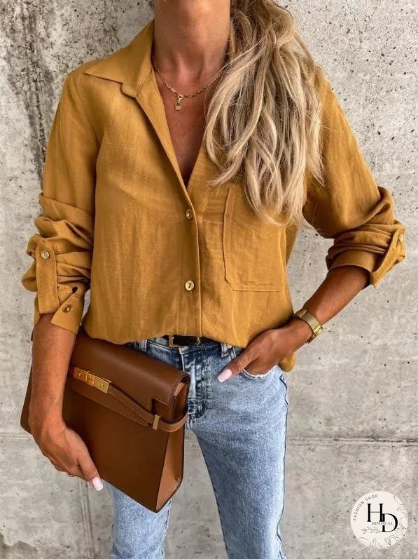 Simple Solid Lapel Button Long Sleeve Blouses