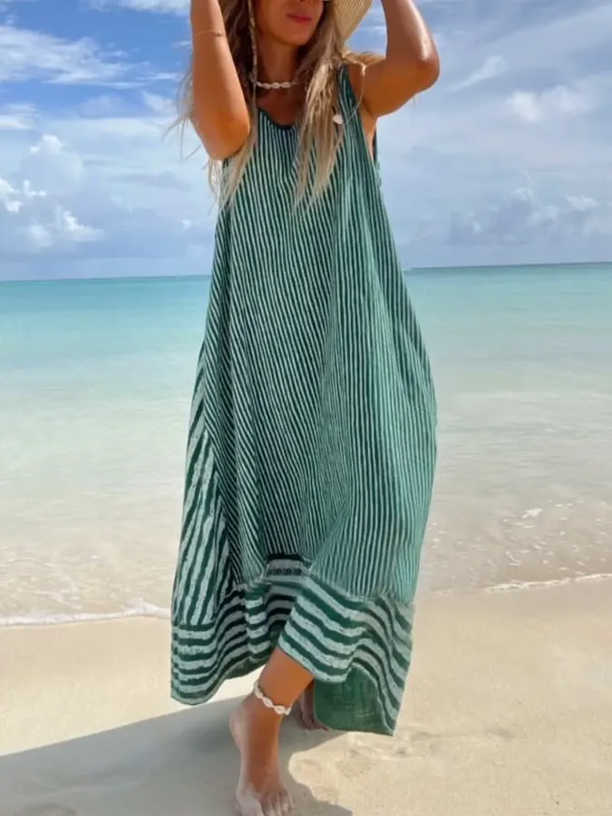 Women's Casual Sleeveless Striped Cotton and Linen Dress 