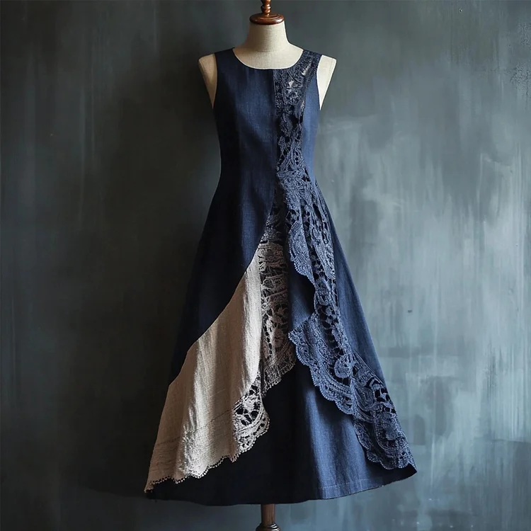 Elegant Lace Patchwork Linen Tank Maxi Dress