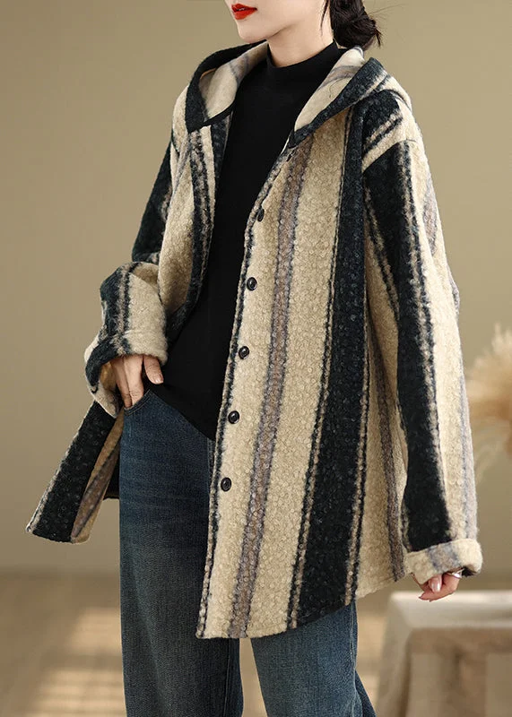 Casual Plus Size Striped Woolen Hoodie Coat Spring