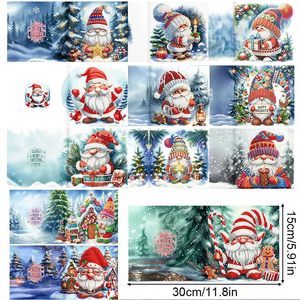 12pcs DIY Christmas Santa Claus Special Shape Diamond Panting Greeting Card【With White Envelope】