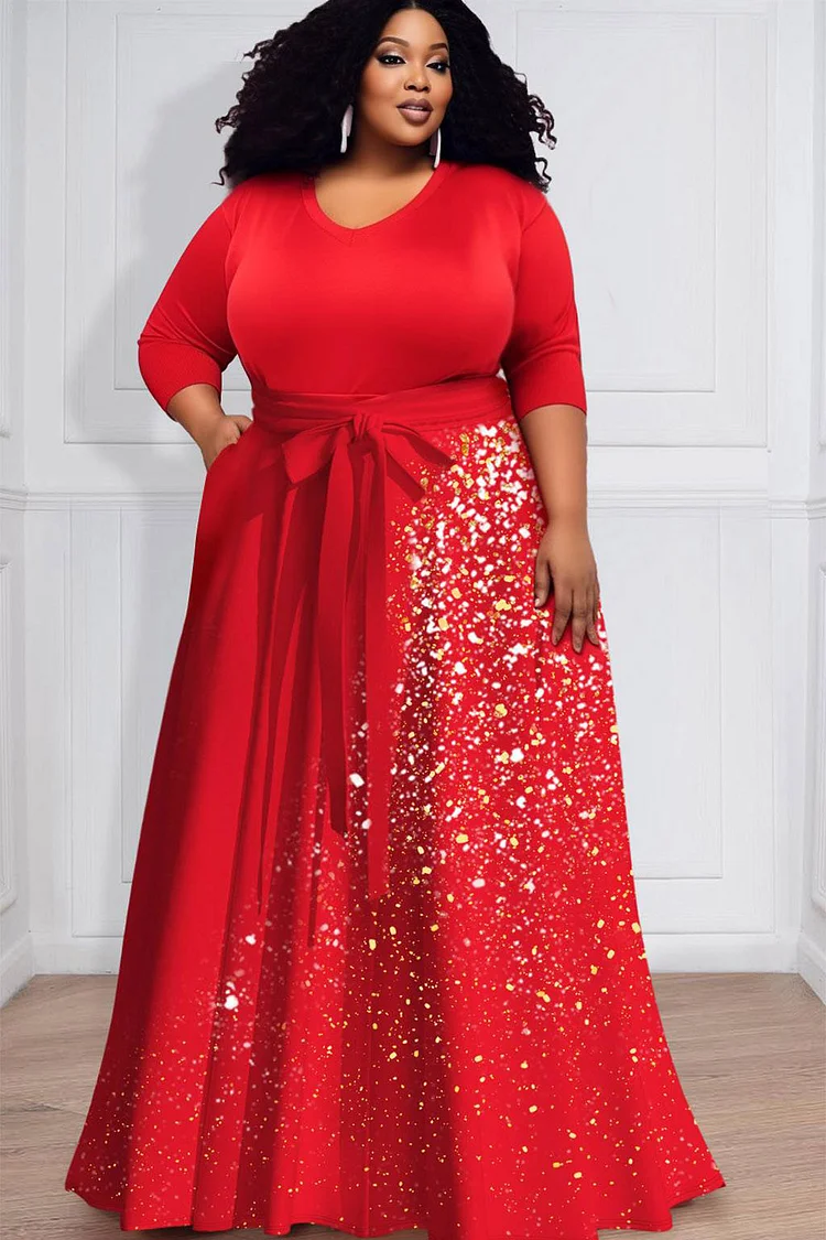 Plus Size Semi Formal Maxi Dresses Casual Red Gradient Fall Winter V Neck 3/4 Sleeve Wrap Knitted Maxi Dresses With Pocket [Pre-Order]