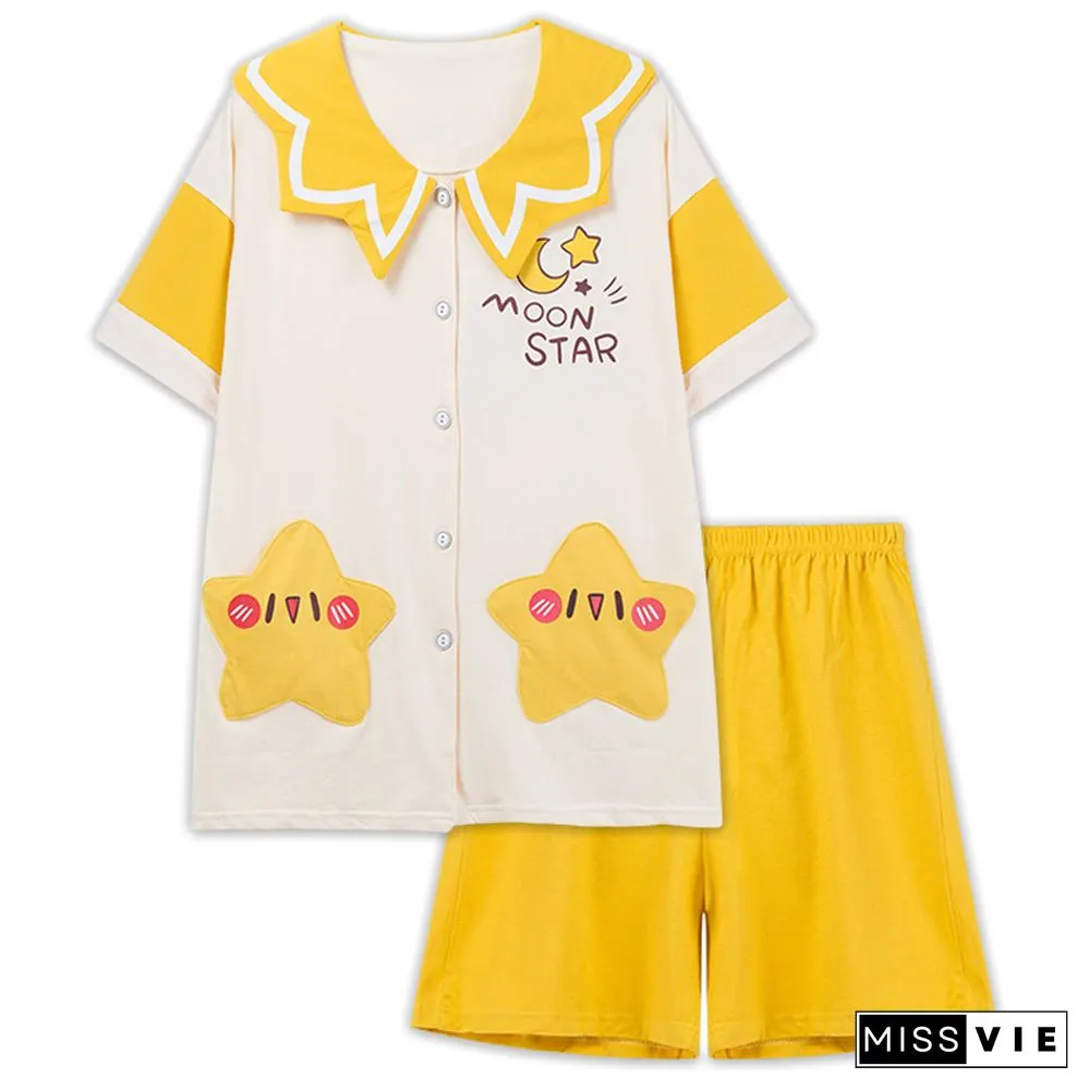 Cartoon Animal Fruit Print Cotton Pocket Pajamas Set
