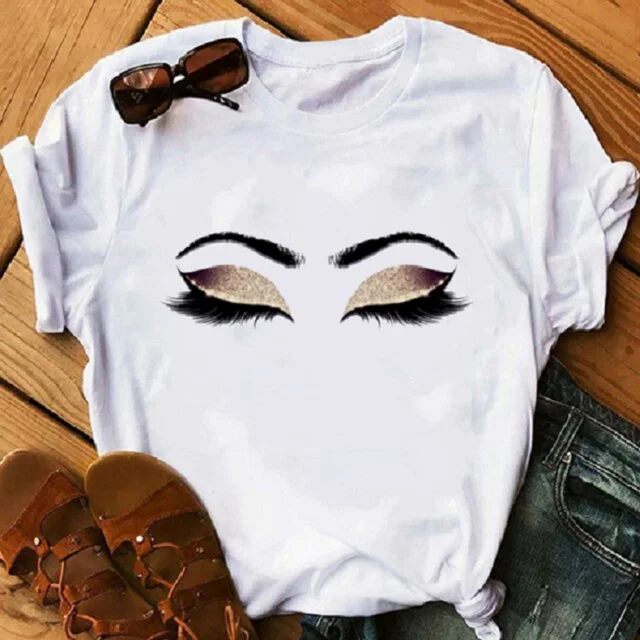 Women Beauty Aesthetic Eyelashes Prints Tshirt  Princess Makeup Art Rose Gold Eyelashes Women's T-shirt Kawaii 90s Tees
