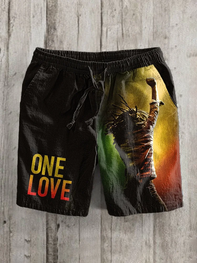Men's Reggae One Love Print Linen Blend Vintage Shorts