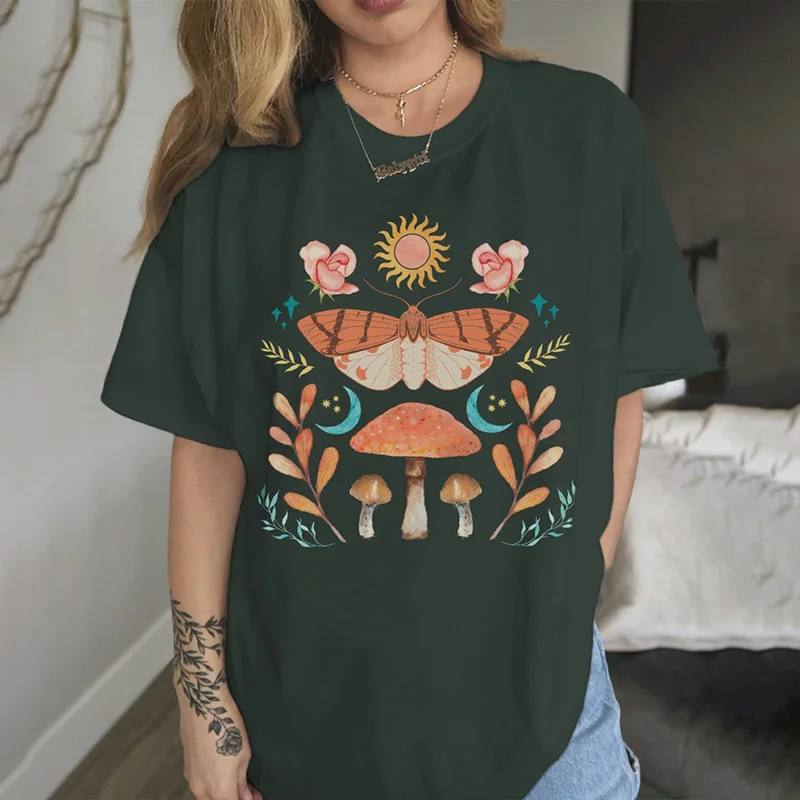    Sun And Butterfly And Mushroom Print Women's T-shirt - Neojana