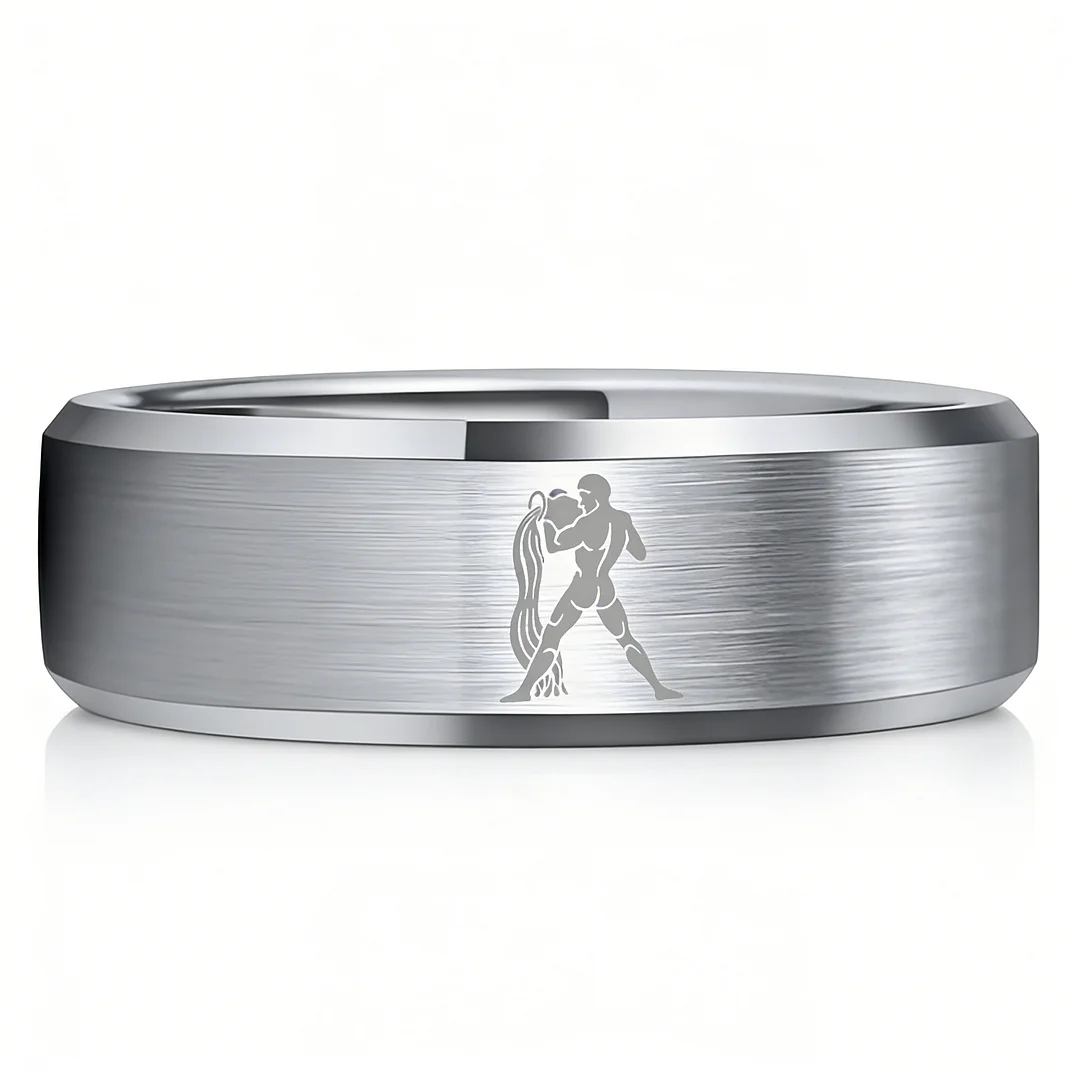 Beveled Edges Sliver Laser Etched Tungsten Carbide Rings Sliver Aquarius Couple Wedding Bands 4MM 6MM 8MM