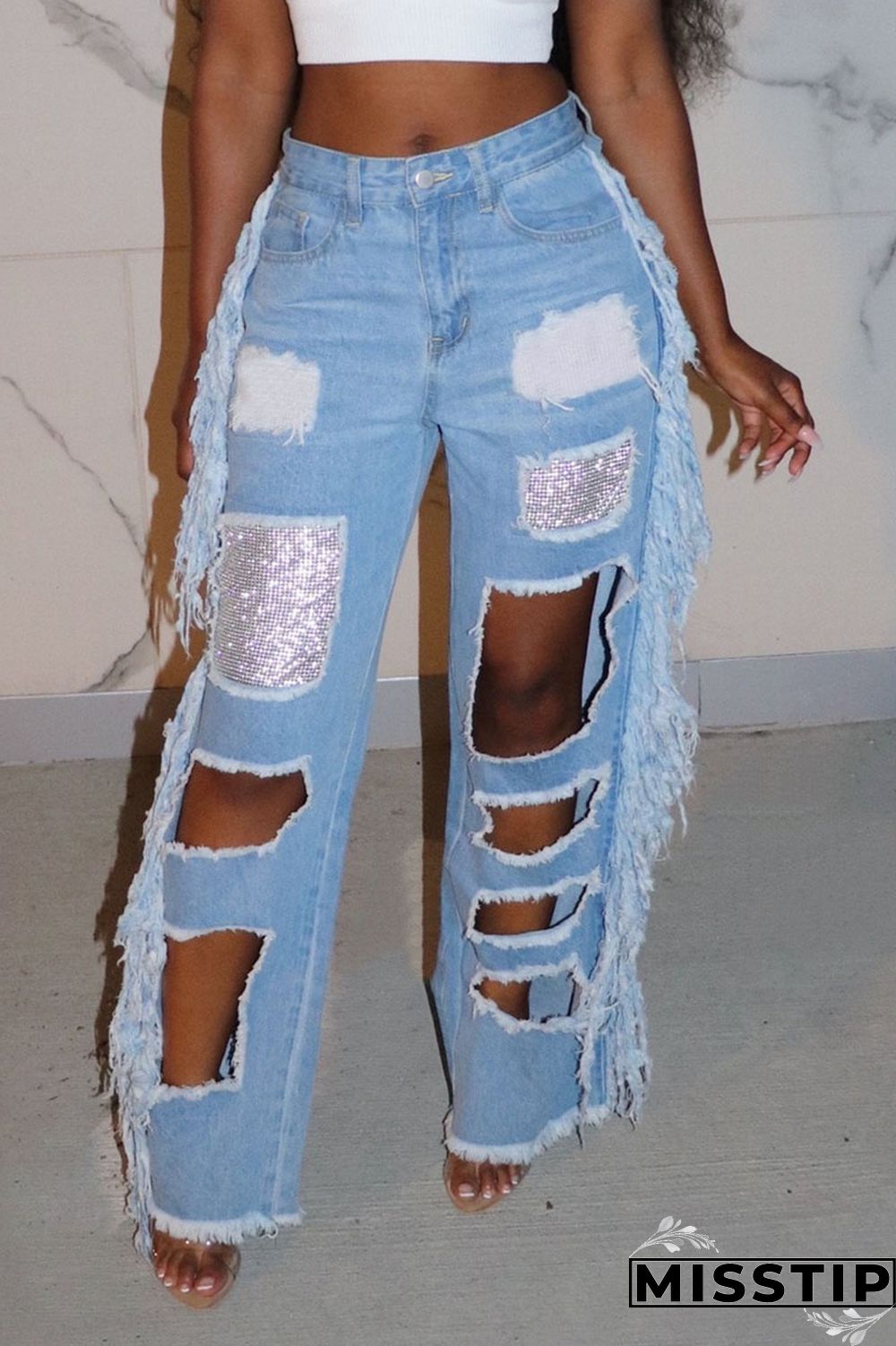 Light Color Street Solid Tassel Ripped Hollowed Out Patchwork High Waist Loose Denim Jeans