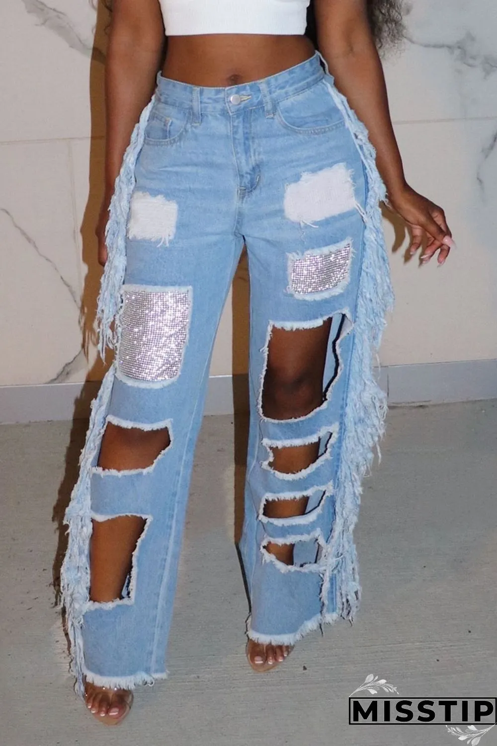 Light Color Street Solid Tassel Ripped Hollowed Out Patchwork High Waist Loose Denim Jeans