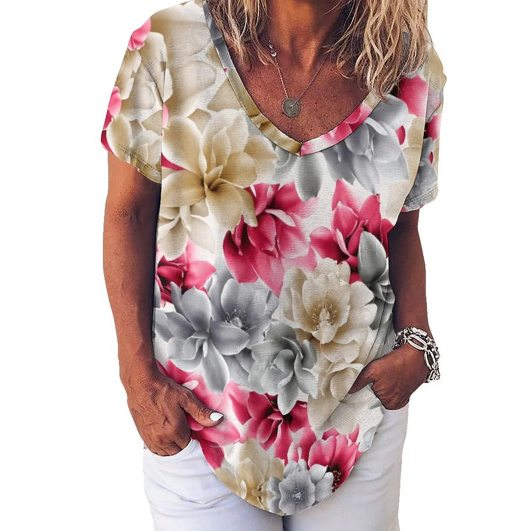 V-neck Short Sleeve Casual T-shirt for  Women Printed with Pattern Red, Gray, Floral