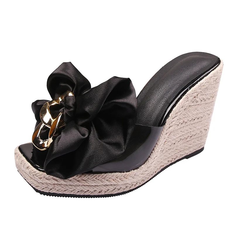 Wongn Wongn Style Summer Square Head Slope With Thick Bottom High Heel Slippers Female Bowknot Flower Glass Glue Sandals