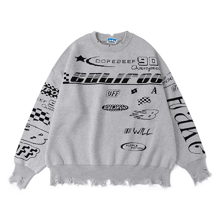 Raw Edge Racing Suit Letter Jacquard Black Sweater High Street Hiphop Sweater at Hiphopee