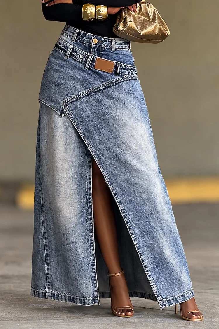 Two-Piece Slit Denim Maxi Skirt Set &ndash; High-Waisted Casual Street Style Outfit