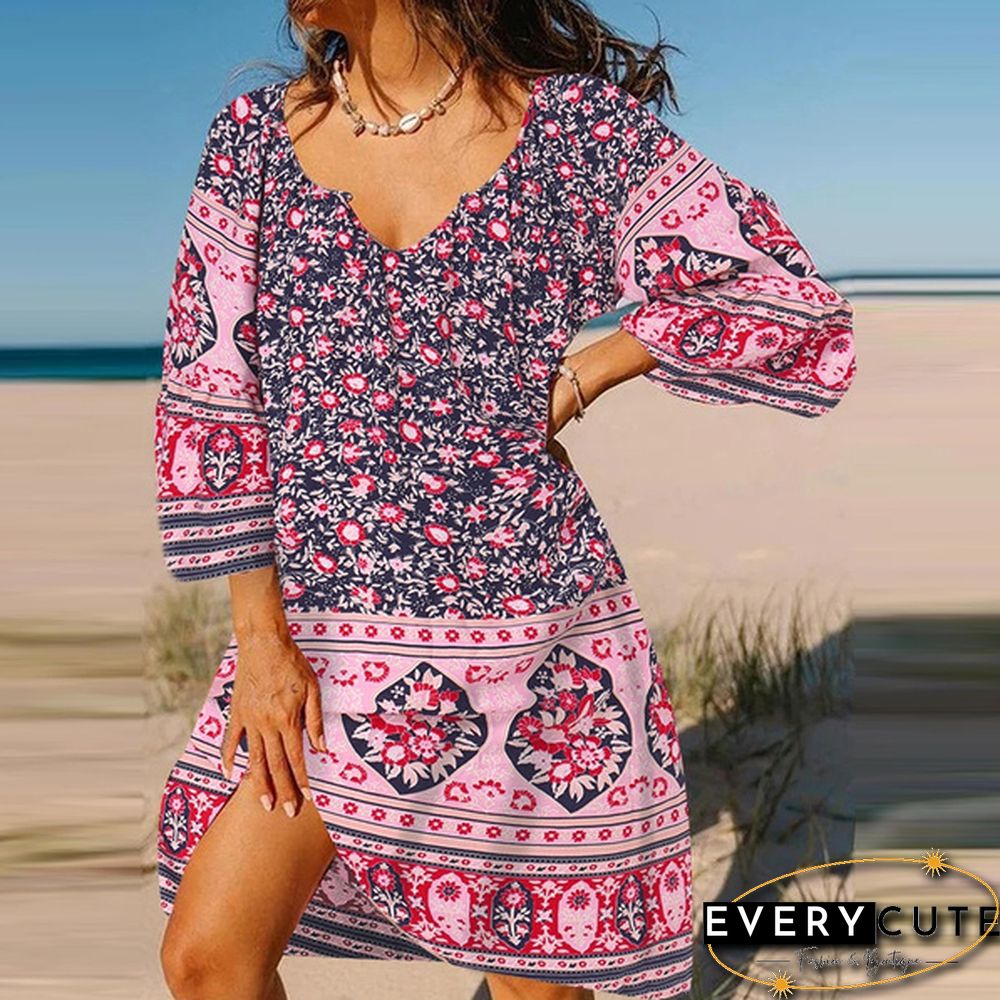 Fashion Women Retro Oversized V-Neck Casual Sundress Floral Printed Baggy Holiday Mini Shirt Dress